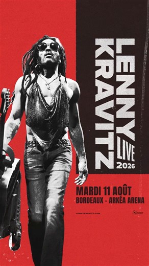ANNONCE - Retrouvez Lenny Kravitz en concert à l'Arkéa Arena de Bordeaux mardi 11 août 2026. 🎟️ Prévente sur GDP.fr le 20 novembre à 10h 🎟️ Ouverture de la billetterie dans vos points de vente habituels le 21 novembre à 10h Et en festivals cet été : 📍 23 juin 2026 | SAINT-MAURICE DE RÉMENS | Printemps de Pérouges 📍 24 juin 2026 | NÎMES | Festival de Nîmes 📍4 juillet 2026 | NORT-SUR-ERDRE | La Nuit de l'Erdre | Gérard Drouot Productions