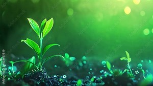 A concept for growing crops with holographic infographics data representation line graphs Plant saplings growing with holographic infographic data representation lines