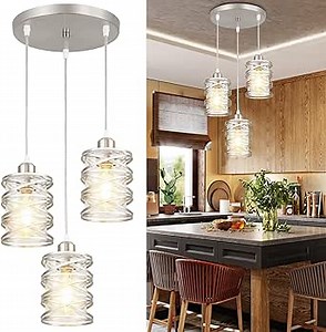 Pendant Lights Kitchen Island Brushed Nickel Pendant Light Kitchen Island Lighting, 3-Light Pendant Light Fixtures with Clear Glass Shades Spiral Iron Cluster Dining Room Light Fixture