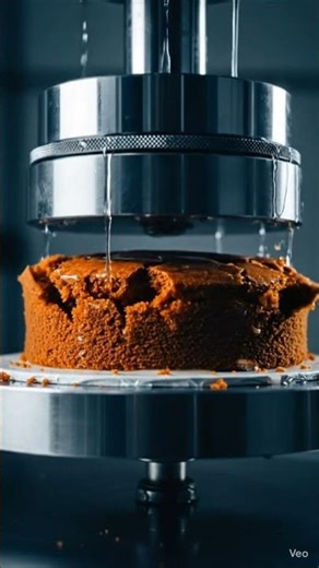 cake crushed in slow-motion by hydraulic press