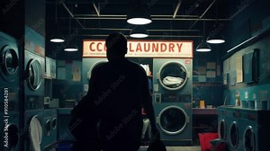 Coin Laundry, where clothes are washed, is generally depicted in detail and in bright colors