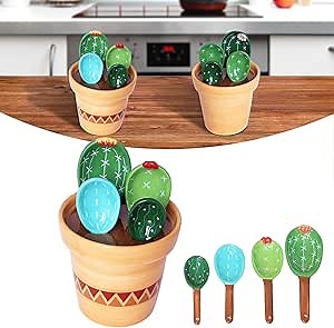 Cactus Measuring Spoons Set in Pot, Measuring Spoons Set-Cactus Shape, Ceramic Cute Small Measuring Spoons and Cups, for Baking, Salt, Sugar Housewarming Gifts