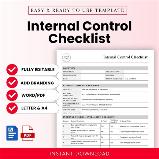 Internal Control Checklist Template – Word & PDF, A4   US Letter - Etsy