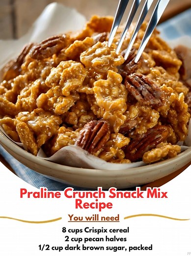 Praline ️ Crunch Snack Mix Recipe Ingredients 8 cups Crispix cereal 2 cup pecan halves 1/2 cup dark brown sugar, packed 1/2 cup light corn syrup 1/2 cup salted butter 1 teaspoon vanilla extract 1/2 teaspoon baking soda – Metric Instructions ..... Full Recipe in Coʍmеոτ   | Yummy Recipes | Facebook