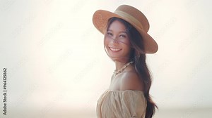 Summer beach vacation concept, Young asian woman with hat relaxing with her arms raised to her head enjoying looking view of beach ocean on hot summer day