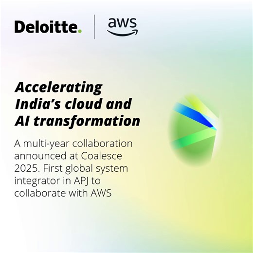 At #Coalesce2025, Deloitte India and Amazon Web Services entered a multi-year strategic collaboration to accelerate cloud and AI-led transformation across India. With this, Deloitte India becomes the first global system integrator in Asia Pacific and Japan to collaborate with AWS. Together, we will establish India’s first AWS Agentic AI Lab and make Deloitte India’s digital and #AgenticAI solutions available on the AWS Marketplace. Learn more: https://delo.tt/61817eWTS #Coalesce2025 #LookUp #Art