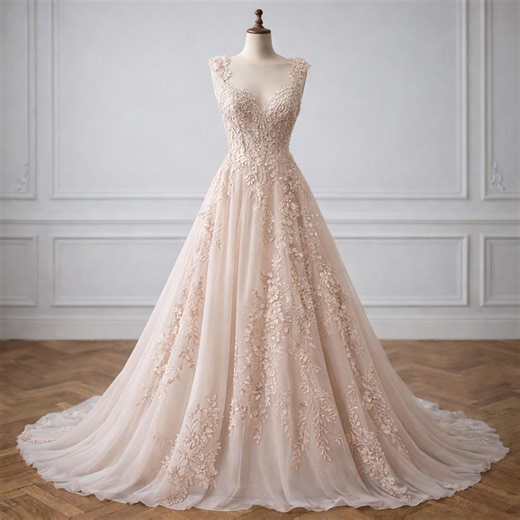 Blush Pink Wedding Dress, Floral Lace A Line Bridal Gown, Deep V Neck Romantic Bride Dress, Open Back Tulle Gown - Etsy