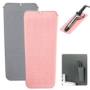 2 Heat Resistant Silicone Mat with Hanging Hole, Straightener Heat Resistant Travel Mat & Pouch for Curling Iron, Flat Iron and Other Hot Hair Styling Tools, 11 x 5 in, Pink+Gray