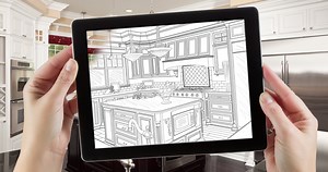 4k Looping Cinemagraph of Computer Tablet With Kitchen Design Drawing Transitioning to Photo