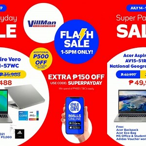 ⚡ FLASH SALE DROP ⚡ Break the boundaries of performance with awesome Laptops from Villman's Super Payday Flash Sale deals from July 14-17from 1PM-5PM ONLY! 💻 Score up to ₱18,000 OFF discount voucher up to ₱1,000! Shop at SM Cyberzone via #SMMallsOnline App to steal the deal! Get EXTRA ₱150 OFF, min spend ₱400 on your delivery orders when you use SUPERPAYDAY upon checkout. Shop here: https://smmallsonline.onelink.me/DFqS/CyberzoneDeals #CheckCyberzone for #TechAssured products, services, informa