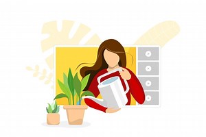 video blogger mujer cuidado de plantas de interior en la interfaz del reproductor de medios en línea. planta de riego de ama de casa femenina en transmisión web de maceta. tutorial de transmisión en vivo de plantas de interior. canal de vlogger de transmisión de influencers