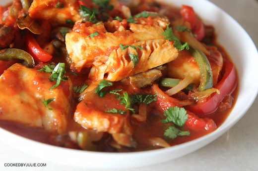 Skillet Cod with Tomatoes Onions & Peppers