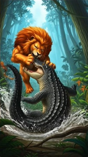 big Lion attack big alligator animation cartoon eating and fighting