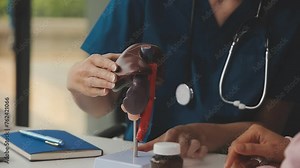 Gastroenterologist doctor explaining liver and gallbladder problems using anatomical model to patient during clinic visit. Treatment of gallbladder and liver diseases