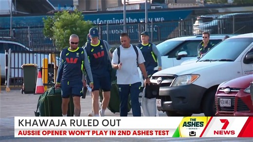 Aussie opener Usman Khawaja has been ruled out of the second Ashes test in Brisbane starting Thursday after failing to overcome a back injury. His absence clears the way for Travis Head at the top of the order. | 7NEWS Adelaide