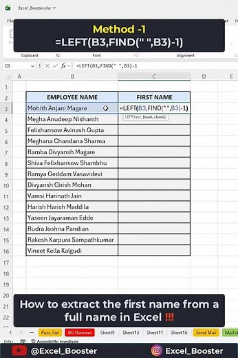📊✨ How to extract the first name from a full name in Excel #excel #shorts #exceltips #exceltricks