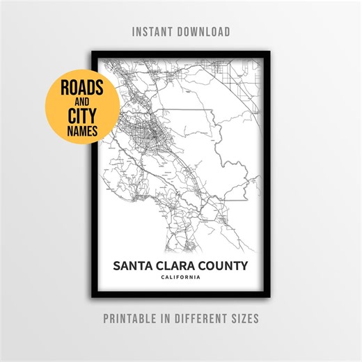 Santa Clara County Map Poster, Printable California Road Map With City Names (instant Download) - Etsy