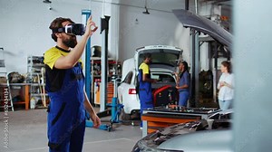 Experienced mechanic in auto repair shop using virtual reality glasses to visualize car components in order to fix them. Specialist wearing modern vr headset while working on defective vehicle