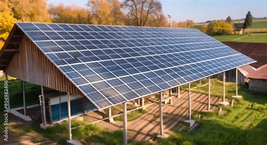 Solar panels on barn roof in rural setting, showcasing synergy between farming and solar power Stock Video
