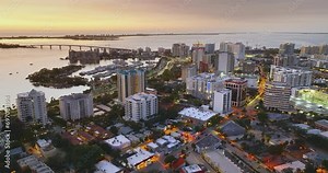 Sarasota, Florida city architecture at sunset. High-rise office buildings in downtown district. Real estate development in Florida. USA travel destination.