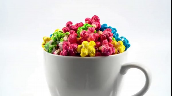 Colorful gourmet popcorn brimming from a white mug against a clean bright background for treats and desserts