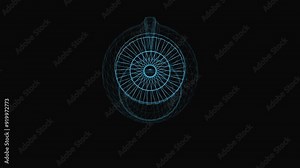 Airplane engine wireframe scheme. 3d render with blue grid lines. Loop rotation on black background.