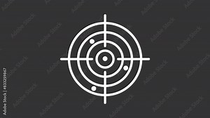 Animated target white icon. Shots appearing on bullseye line animation. Shooting sports. Accurate shot. Isolated illustration on dark background. Transition alpha video. Motion graphic
