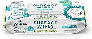 Juniper CLEAN 1 Pack Surface Wipes with Bleach, All-Purpose Cleaner for Bathroom, Kitchen, Office, 72 Count Soft Flow, Fresh Scent, Lint Free & Durable