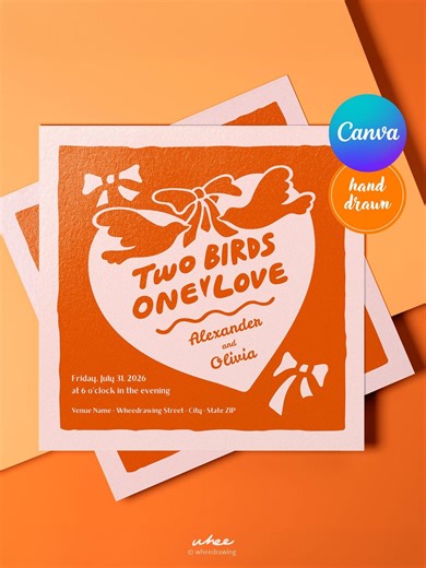 Hand-drawn Bird Wedding Invitation - Linocut Style, Canva Editable Template - Etsy