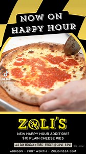 15 reactions | Go get the $10 plain cheese pies, now added to the weekday Happy Hour menu at Zoli’s!! Now enjoy cheap cheese pizzas, along with $2 off all appetizers, house cocktails, and draft beers…PLUS $5 glasses of house wines!! All day Mondays and Tuesday thru Friday from 3 PM - 6 PM. 14910 Midway Rd. Addison, TX 75001 www.zolispizza.com | Zoli's NY Pizza | Facebook