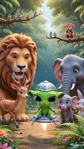 Alien come to jungle#cartoon#cute #kidsvide #funny #alien #monkey #lion #viralvideo#elephant #jadu