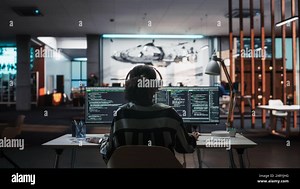 Creative Office: Professional Black Female Programmer Uses Headphones, Working on Desktop Computer. Focused Software Engineer Developing Mobile Applications, Video Games. Listening to Music. Back View Stock Photo - Alamy