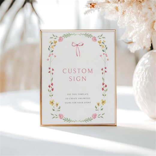 Pink Bow Custom Table Sign Editable Printable Template, Wildflower Shower Decor, Grandmillenial Cottagecore Aestheic, LLP280 - Etsy UK