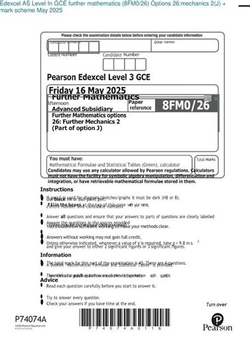 Latest EDEXCEL As Level Further MathemATIcs 8fm0 26 May 2025 Exam Paper Mark Scheme