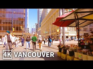 【4K】Downtown Vancouver Walk in the Beautiful Sunny Spring | Travel Canada (Binaural City Sounds)