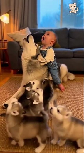 Baby Howls on Mama Husky’s Back — 4 Puppies Join In and It’s Hilarious! 😂🐾