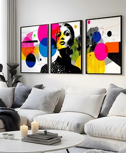 Modern Abstract Pop Art – Triptych With Female Portrait and Geometric Shapes, Set of 3 Digital Prints for Contemporary Decor - Etsy UK