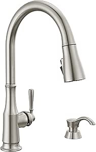 Delta Capertee Brushed Nickel Kitchen Faucet with Pull Down Sprayer and Soap Dispenser, Modern Single Hole Kitchen Sink Faucet, Single Handle, Spotshield Stainless 19877Z-SPSD-DST