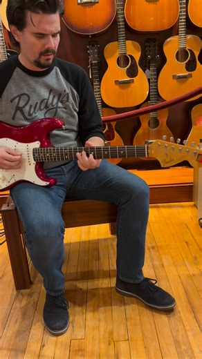 So stoked to have this 1966 Fender Strat in factory original Candy Apple Red! Its all original and a joy to play, give us a ring if you’re interested! | Rudy's Music