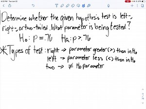 SOLVED:A null and alternative hypothesis is given. Determine whether the hypothesis test is left-tailed, right-tailed, or two tailed. What parameter is being tested? H0: p=0.76 H1: p>0.76