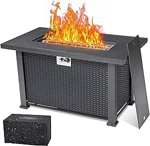 44 in Propane Fire Pit Table, 50000BTU Rectangle Fire Table with Cover & Rain Cover, Sturdy Steel and Iron Fence Surface, CSA Safety Certified, Companion for Your Garden