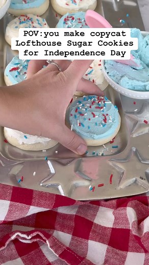 Here’s your friendly reminder to make these IDENTICAL Lofthouse Sugar Cookies for the 4th of July . ❤️🤍💙 They are sweet with a soft and fluffy texture then topped with that creamy frosting and sprinkles. Literal perfection in every way.**DO NOT use imperial brand of margarine. It has a higher water percentage than most margarine sticks. I use the store brand (food club) which is 80% vegetable oil. I have also made these using all butter, while the texture is different, they are still delicious