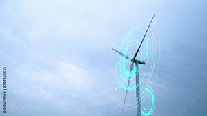 Modern Wind Turbines with digitally generated holographic display tech data visualization.Wind Turbines with clean energy counter layout for sustainable development in a green