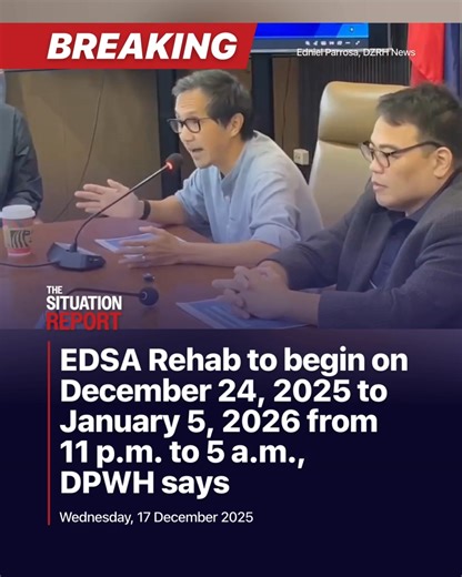 BREAKING: The Department of Public Works and Highways (DPWH) announced that the first phase of the EDSA Rehabilitation will begin on December 24, 2025, and continue until January 5, 2026. DPWH Secretary Vince Dizon stated that the project will take advantage of the two-week holiday period to begin the long-overdue EDSA Rehabilitation. Dizon said that reblocking works and the asphalt overlay of busway lanes will be carried out 24 hours a day, from December 24 (11 p.m.) to January 5 (5 a.m.). Phas