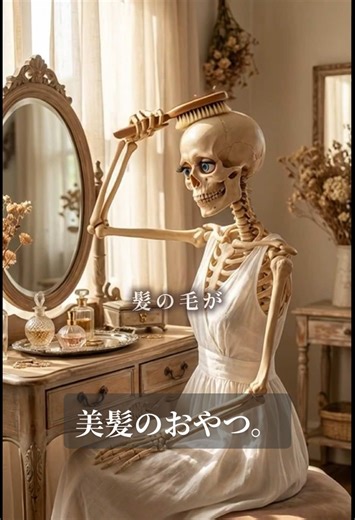 髪の毛が一本もない私が、 艶を育てる美髪のおやつ。 アーモンド：指通りをなめらかに。 おしゃぶり昆布：海のミネラルで根元から強く。 くるみ：輝く天使の輪のために。 黒ごま：漆黒のツヤをひとさじ。 松の実：パサつく毛先を優しく包む。 キューティクルより、カルシウム。 なびく髪はないけれど。 今日も、風が心地よい。 骨美の丁寧な暮らし ※この動画の内容は、キャラクターの世界観に基づいた個人の感想・体験談です。医学的な効果・効能を保証するものではありません。 #美髪 #ヘアケア #丁寧な暮らし #骸骨 #ほなみ
