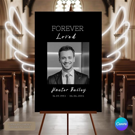 Funeral Welcome Sign Template, Editable Canva Memorial Poster, Celebration of Life Sign, Black Funeral Photo Board, Instant Download