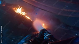 Firefighter's POV During an Emergency at Night: First Responder Combating a Rolled Vehicle with Blazing Fire. Action Footage with a Brave Fireman Using Water Jet to Pierce Through Smoke and Flames