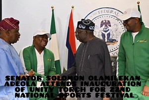 SENATOR SOLOMON OLAMILEKAN ADEOLA ATTENDS INAUGURATION OF UNITY TORCH FOR 22ND NATIONAL SPORTS FESTIVAL Senator Solomon Olamilekan Adeola, accompanied by Hon. Olumide Osoba, arrived at the Aso Rock Presidential Villa in Abuja for the inauguration and flag-off ceremony of the Unity Torch for the 22nd National Sports Festival, also known as the Gateway Games, taking place in Ogun State. DIGNITARIES IN ATTENDANCE The event was hosted by President Bola Ahmed Tinubu, who was joined by other prominent