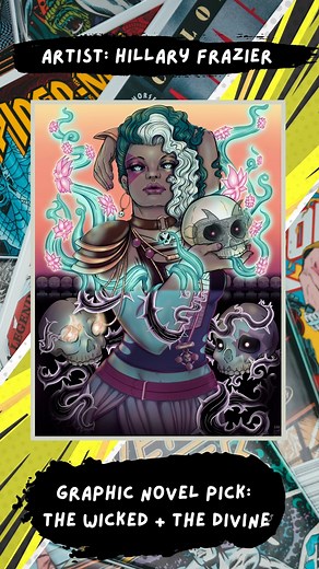 Artist Spotlight 🎨: Hillary Frazier SML is celebrating Graphic Novels in Libraries Month with an interactive exhibit featuring the works of local artists, and today we're spotlighting Hillary Frazier who chose The Wicked The Divine as her graphic novel pick. "'The Wicked The Divine' centers on protagonist Laura, who finds herself caught up in a controversy surrounding twelve gods and goddesses known as The Pantheon. These powerful beings come from a long line of reincarnated deities who are bor
