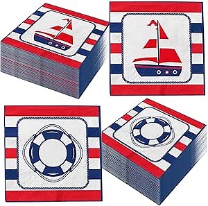 Nautical Birthday Napkins,Nautical Party Decorations 40pcs Anchor Theme Navy Blue and Red Sailor Napkins for Marinero Party Supplies